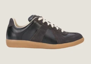 MM Black nappa leather and suede with a honey sole.
