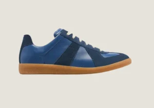 MM Blue nappa leather and suede with a honey sole.